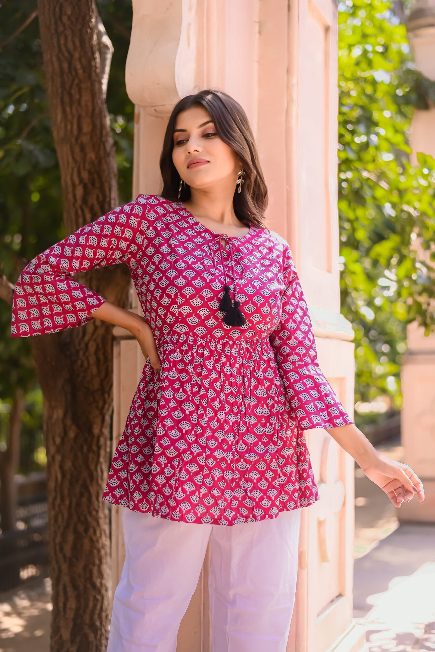 Pink and White Motif Print Tunic