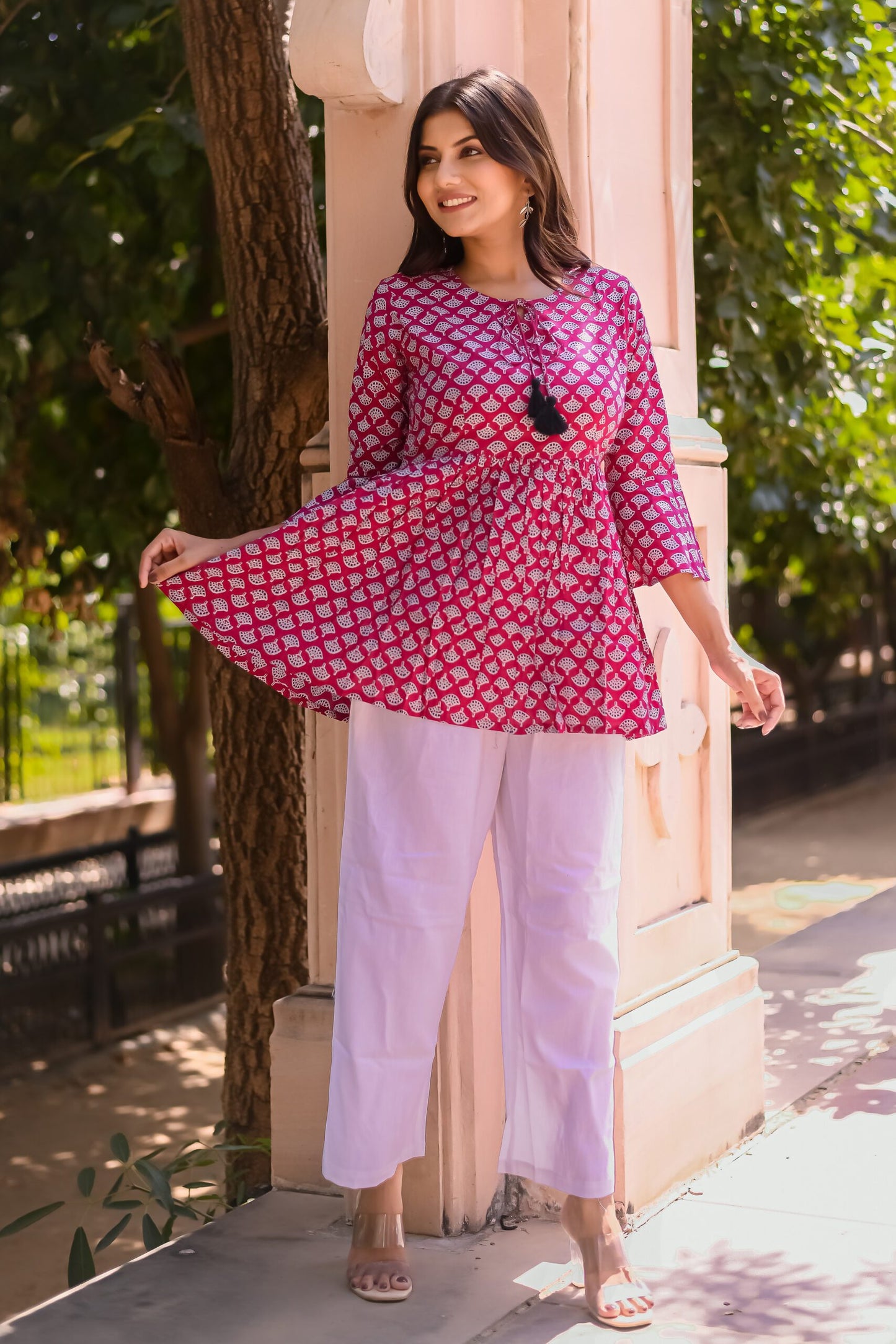 Pink and White Motif Print Tunic