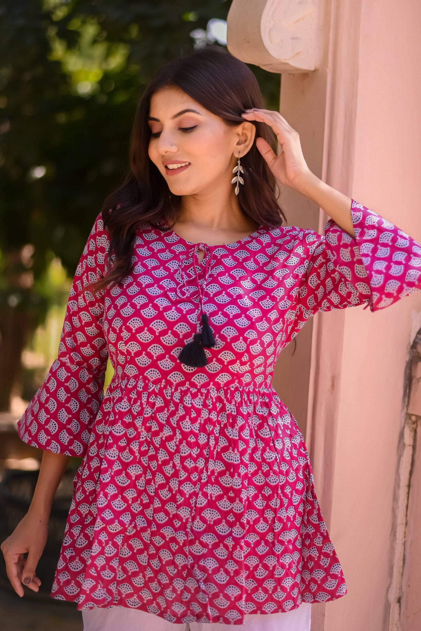 Pink and White Motif Print Tunic