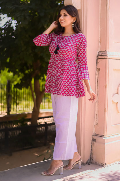 Pink and White Motif Print Tunic