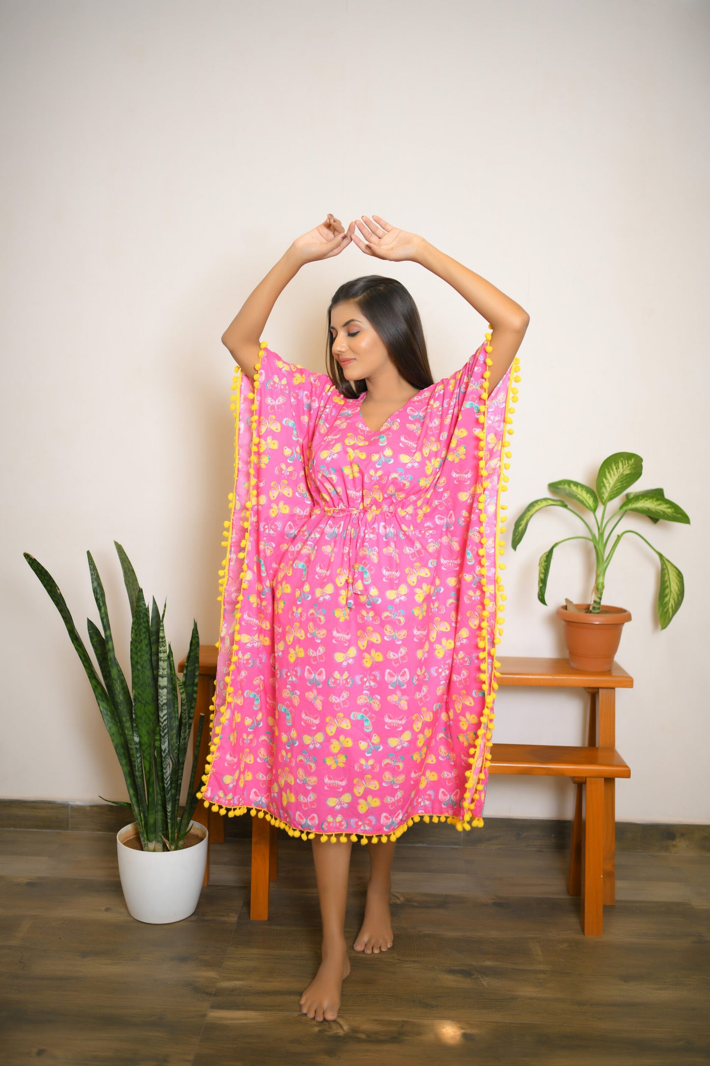 Pink Butterfly Printed Short Kaftan with Yellow Pom Pom Lace