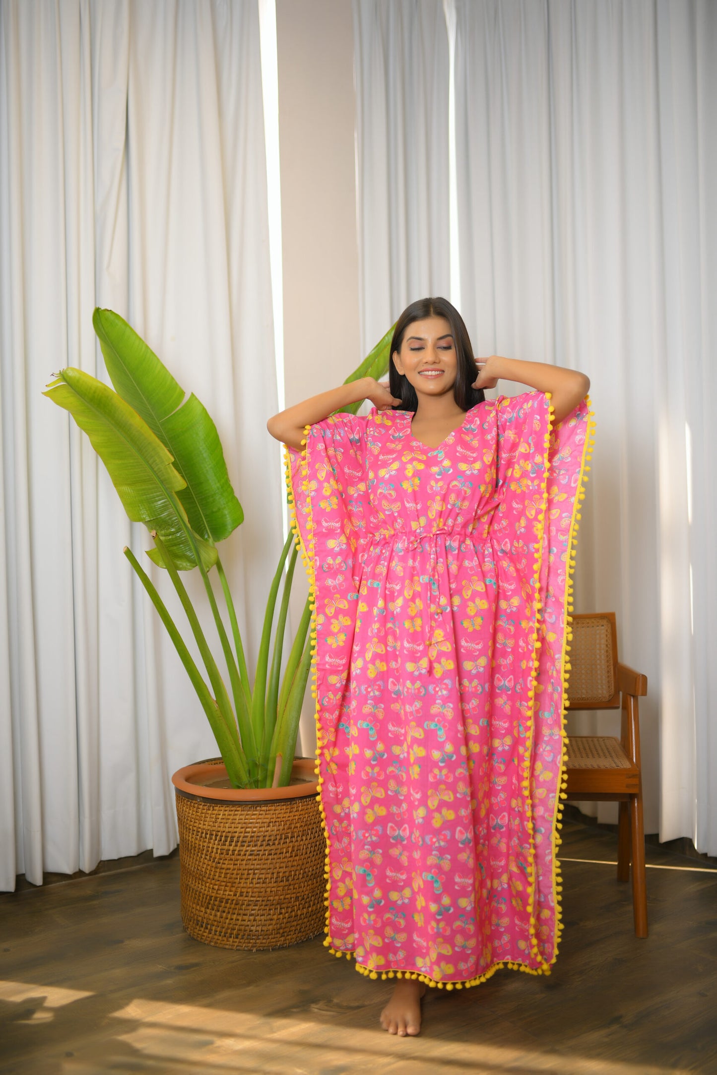 Pink Butterfly Printed Long Kaftan with Yellow Pom Pom Lace