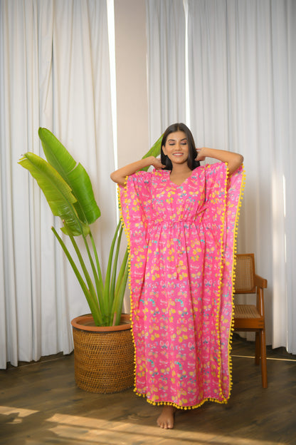 Pink Butterfly Printed Long Kaftan with Yellow Pom Pom Lace