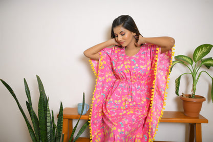 Pink Butterfly Printed Short Kaftan with Yellow Pom Pom Lace