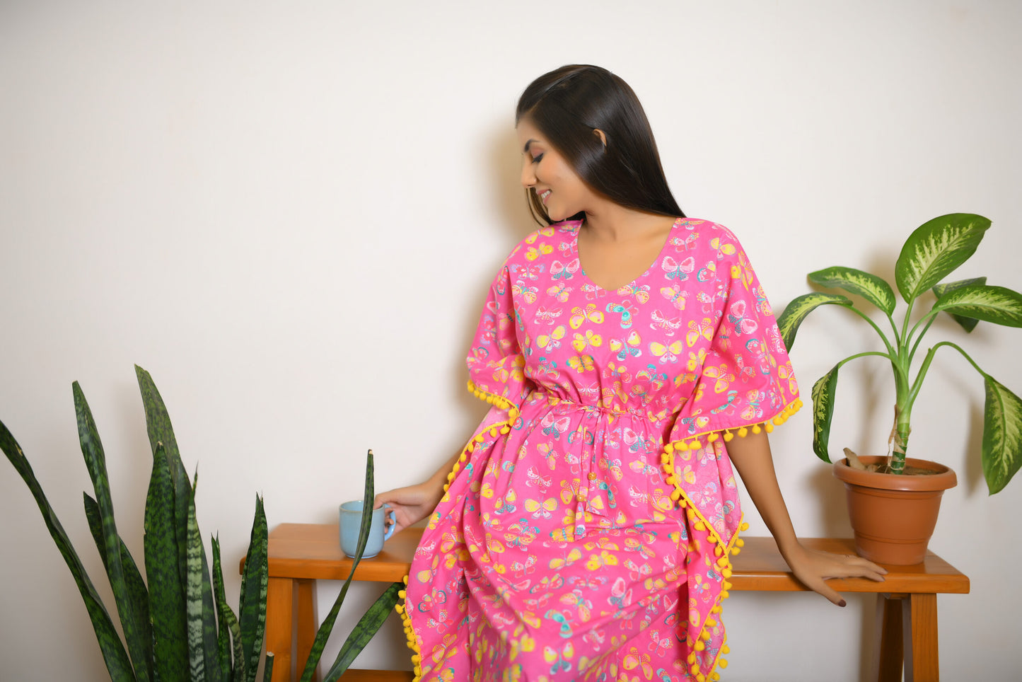 Pink Butterfly Printed Short Kaftan with Yellow Pom Pom Lace