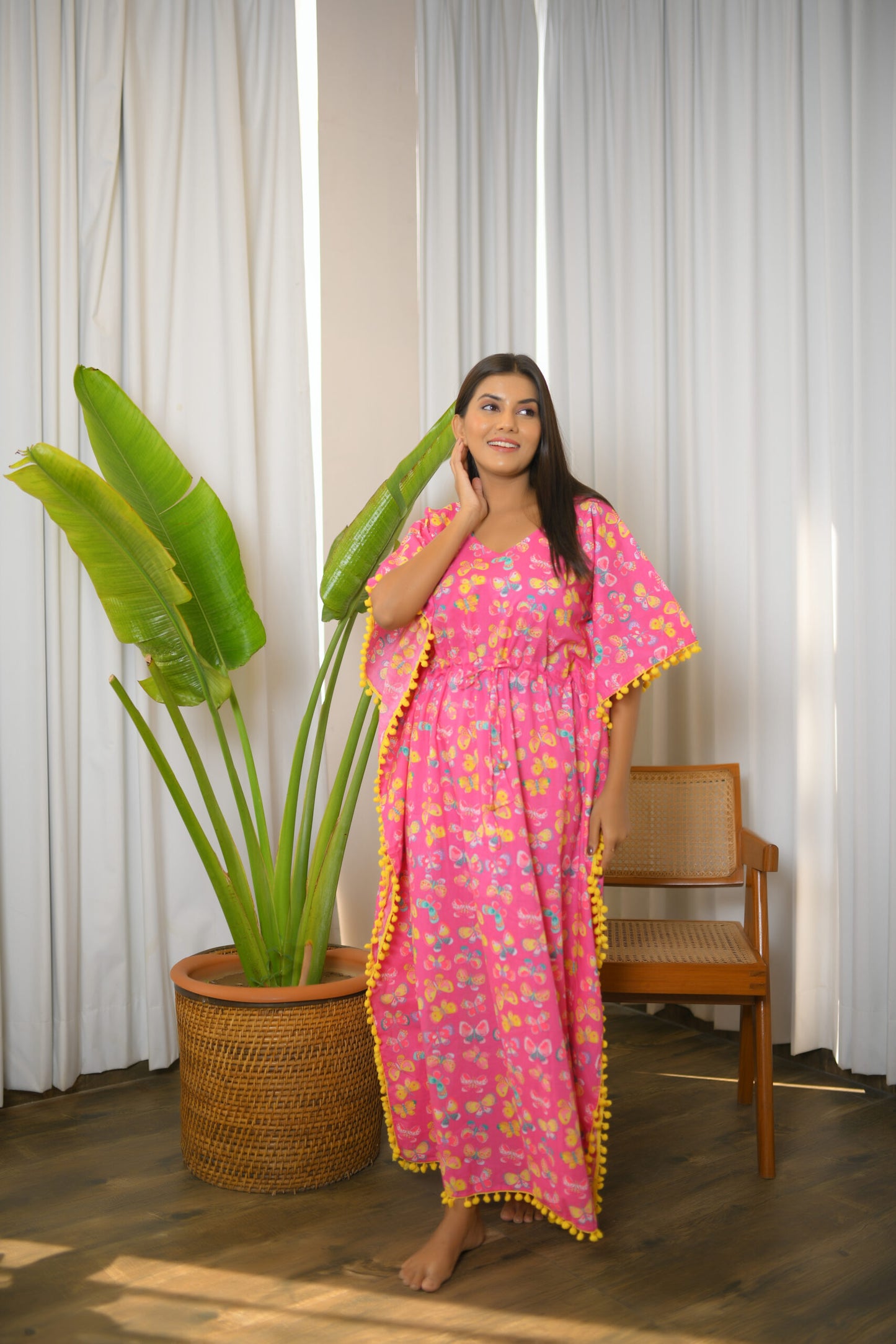 Pink Butterfly Printed Long Kaftan with Yellow Pom Pom Lace