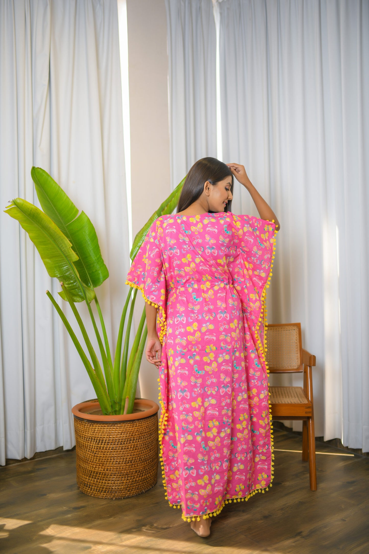 Pink Butterfly Printed Long Kaftan with Yellow Pom Pom Lace