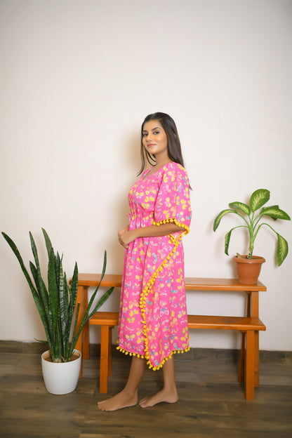 Pink Butterfly Printed Short Kaftan with Yellow Pom Pom Lace