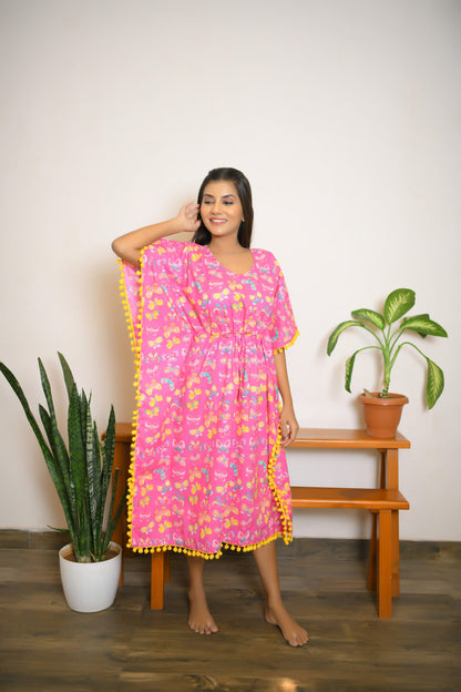 Pink Butterfly Printed Short Kaftan with Yellow Pom Pom Lace