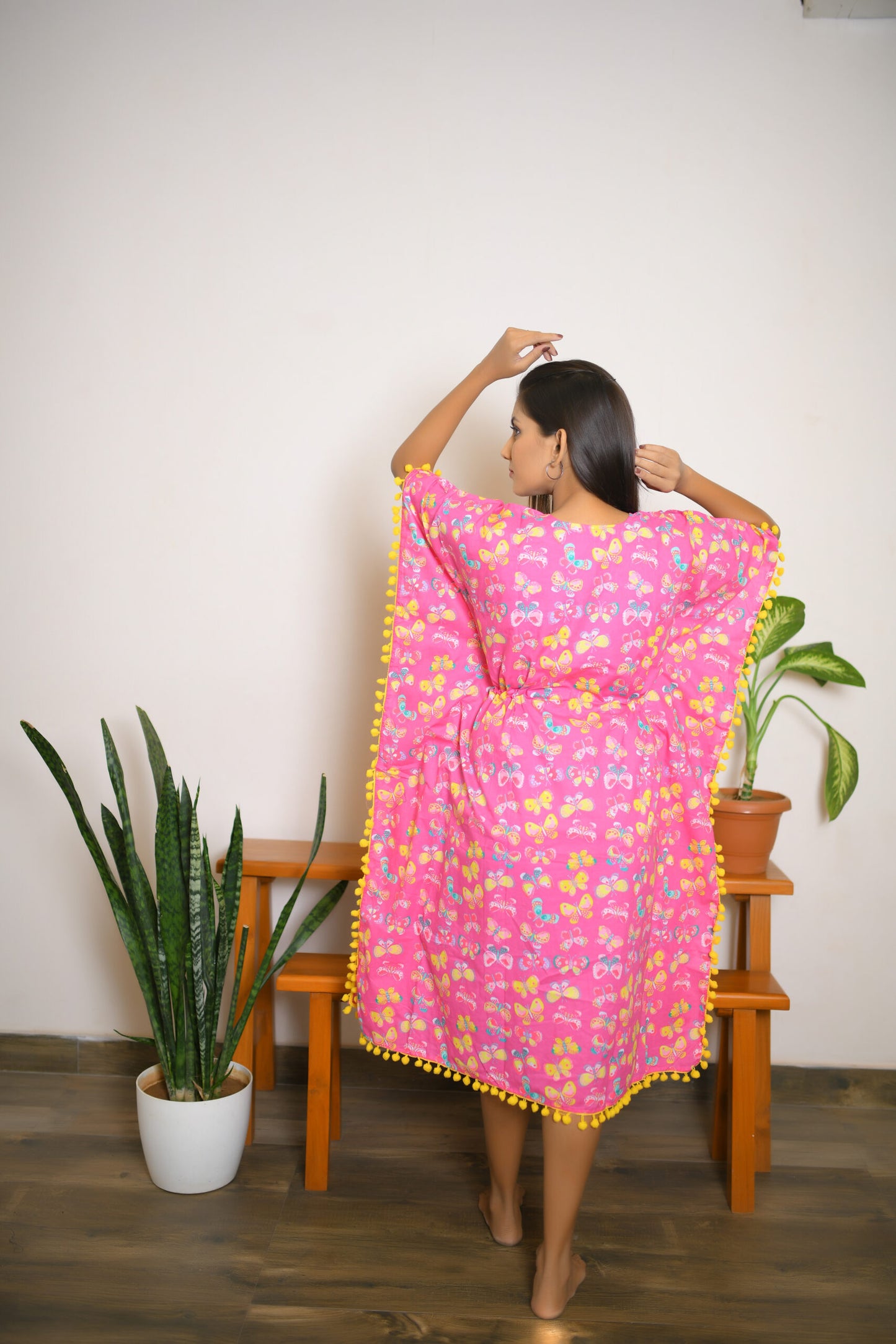 Pink Butterfly Printed Short Kaftan with Yellow Pom Pom Lace