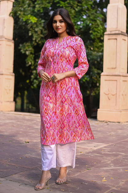 Pink Geometric Printed Straight Kurta with Pocket