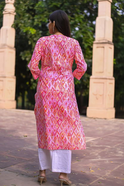 Pink Geometric Printed Straight Kurta with Pocket