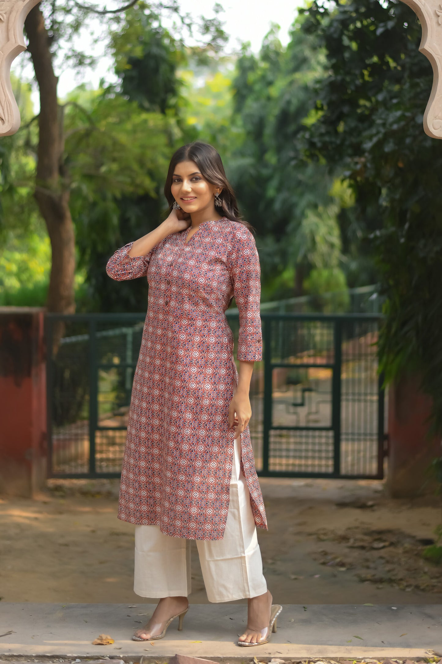 Rust Ajrakh Printed Straight Kurta with Pocket