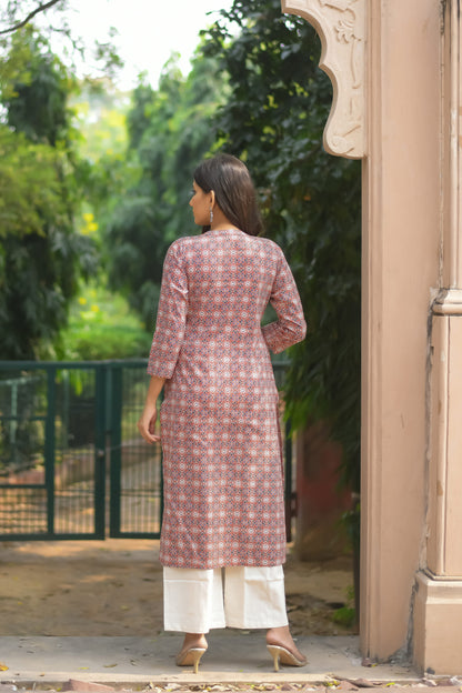 Rust Ajrakh Printed Straight Kurta with Pocket