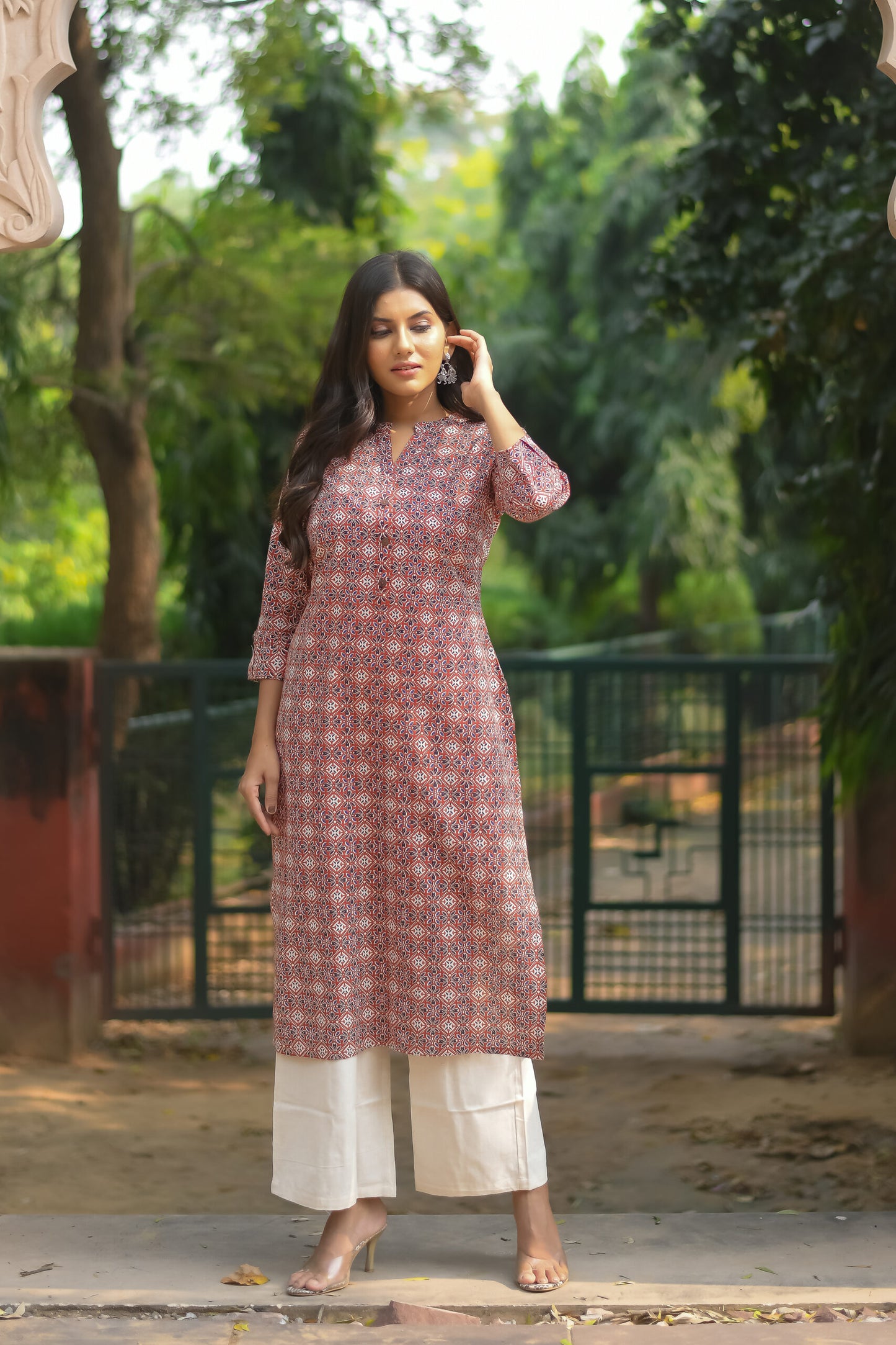 Rust Ajrakh Printed Straight Kurta with Pocket