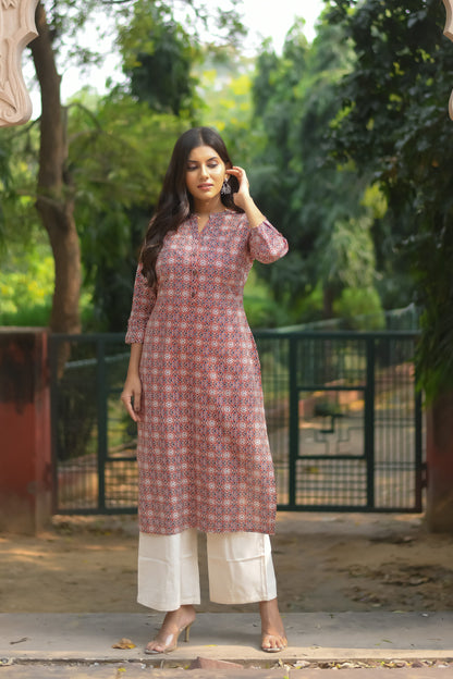 Rust Ajrakh Printed Straight Kurta with Pocket