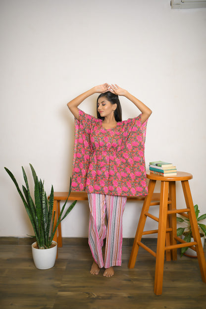 Rust & Pink Floral Printed Kaftan Set