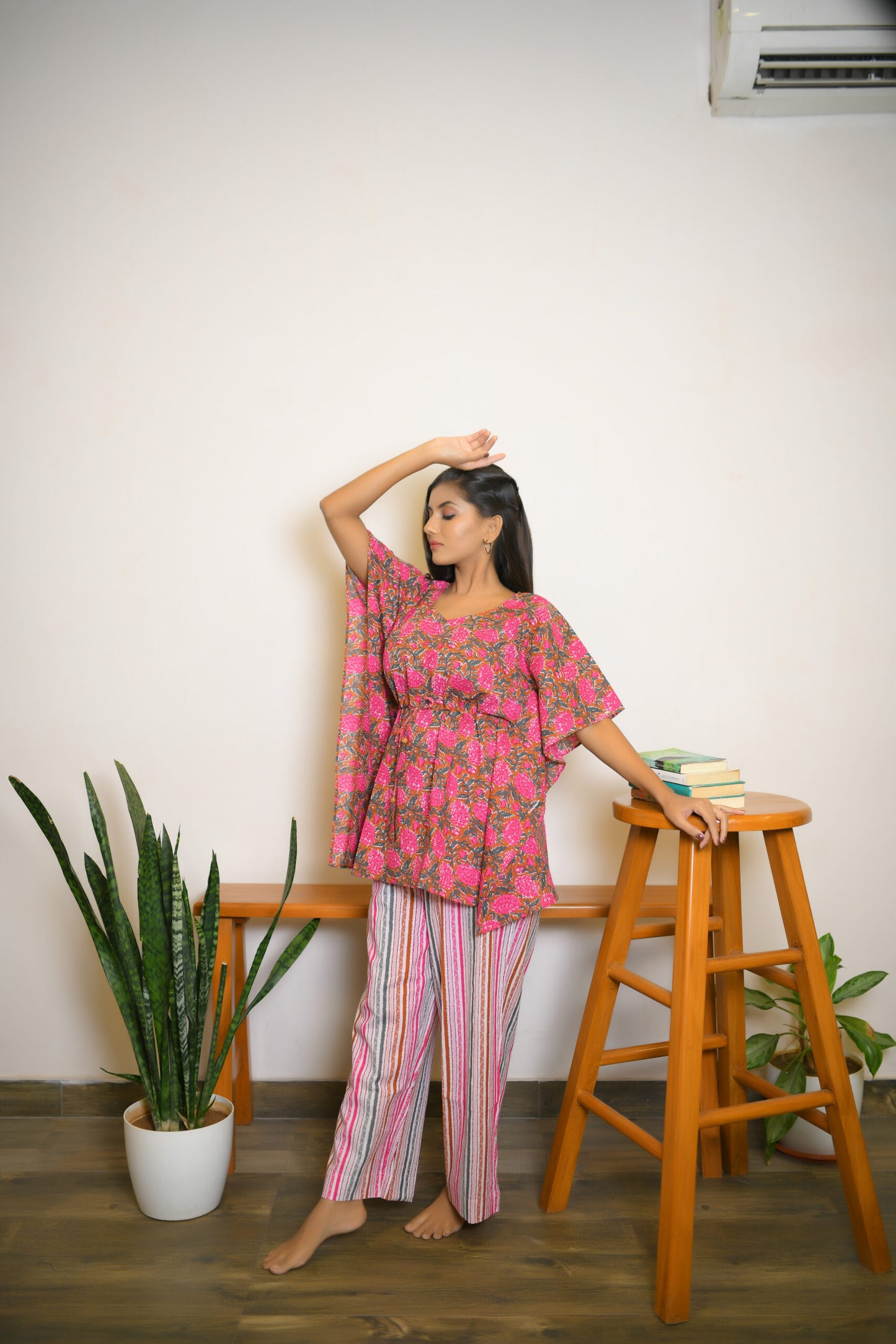 Rust & Pink Floral Printed Kaftan Set