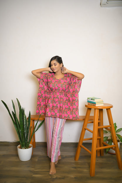 Rust & Pink Floral Printed Kaftan Set