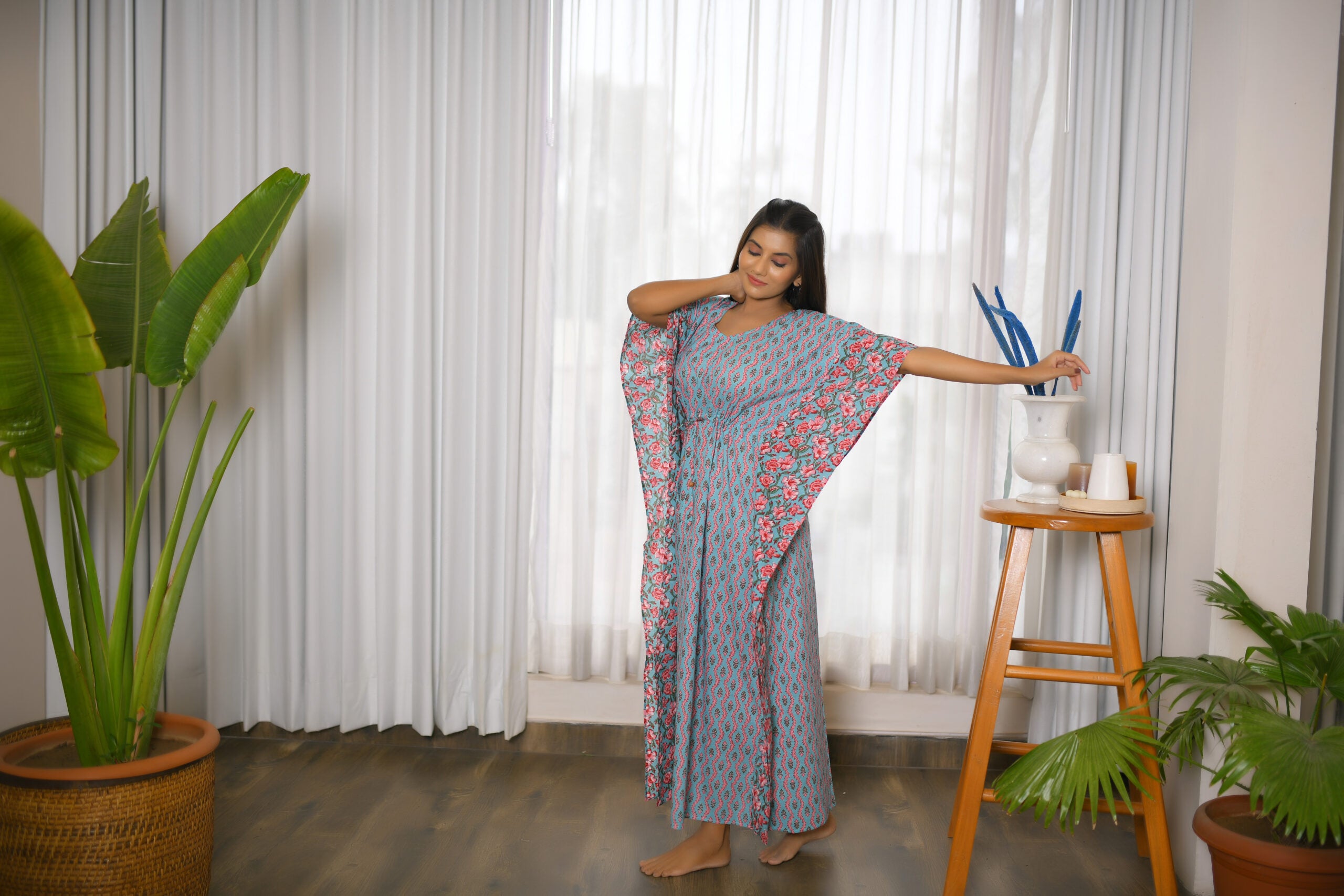 Sea Green Vine & Floral Printed Mix & Match Long Kaftan
