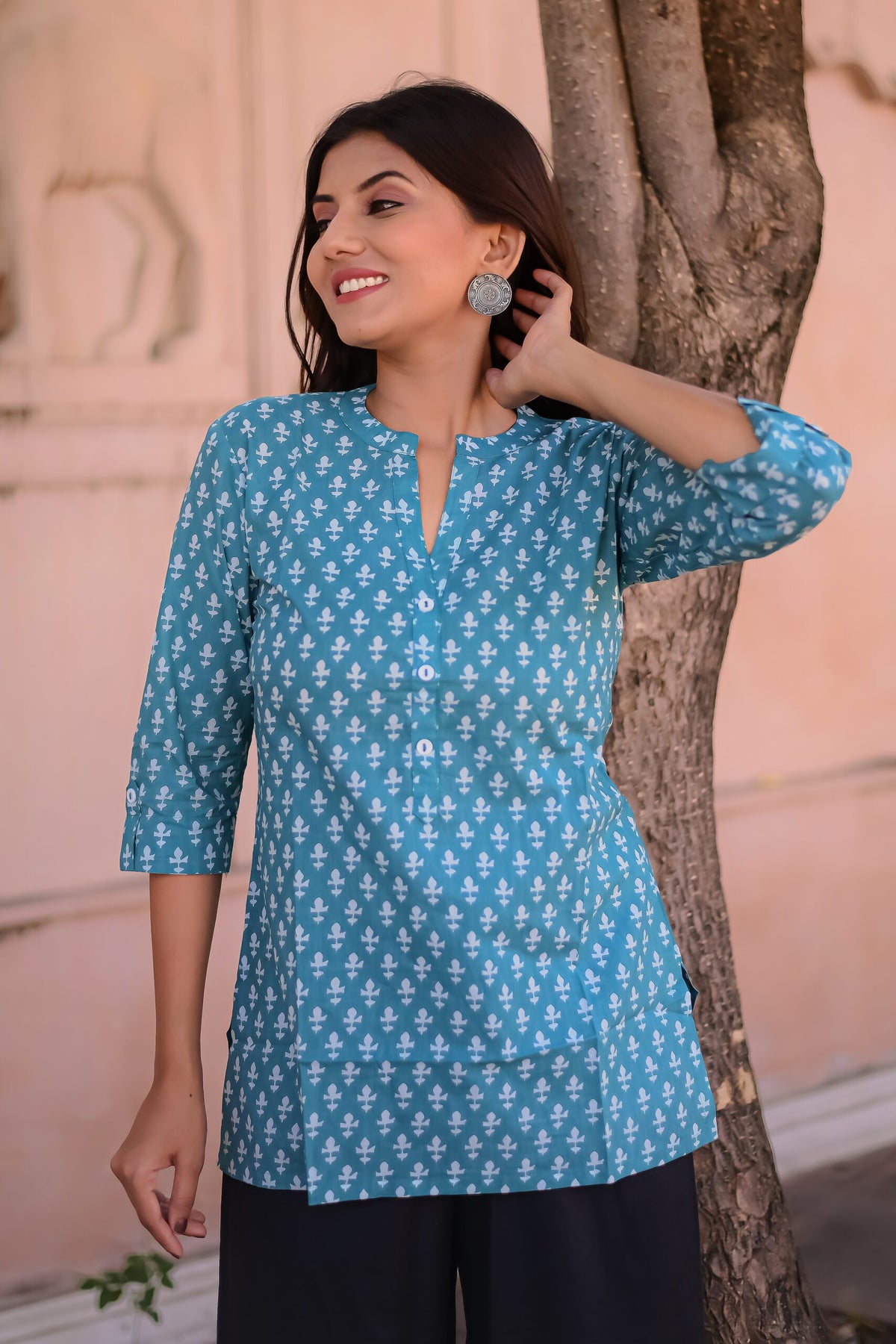 Teal Green Motif Print Top