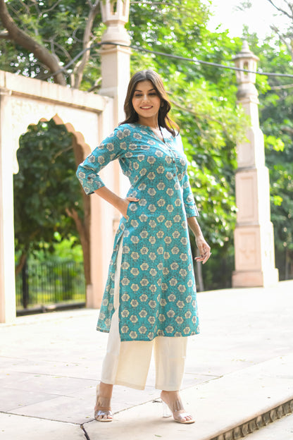 Turqoise Motif Printed Straight Kurta with Pocket