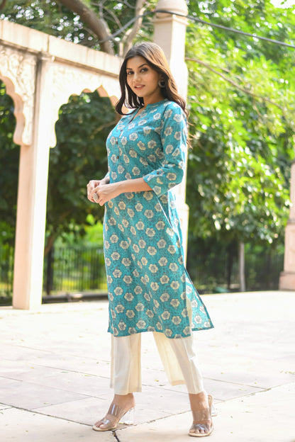 Turqoise Motif Printed Straight Kurta with Pocket