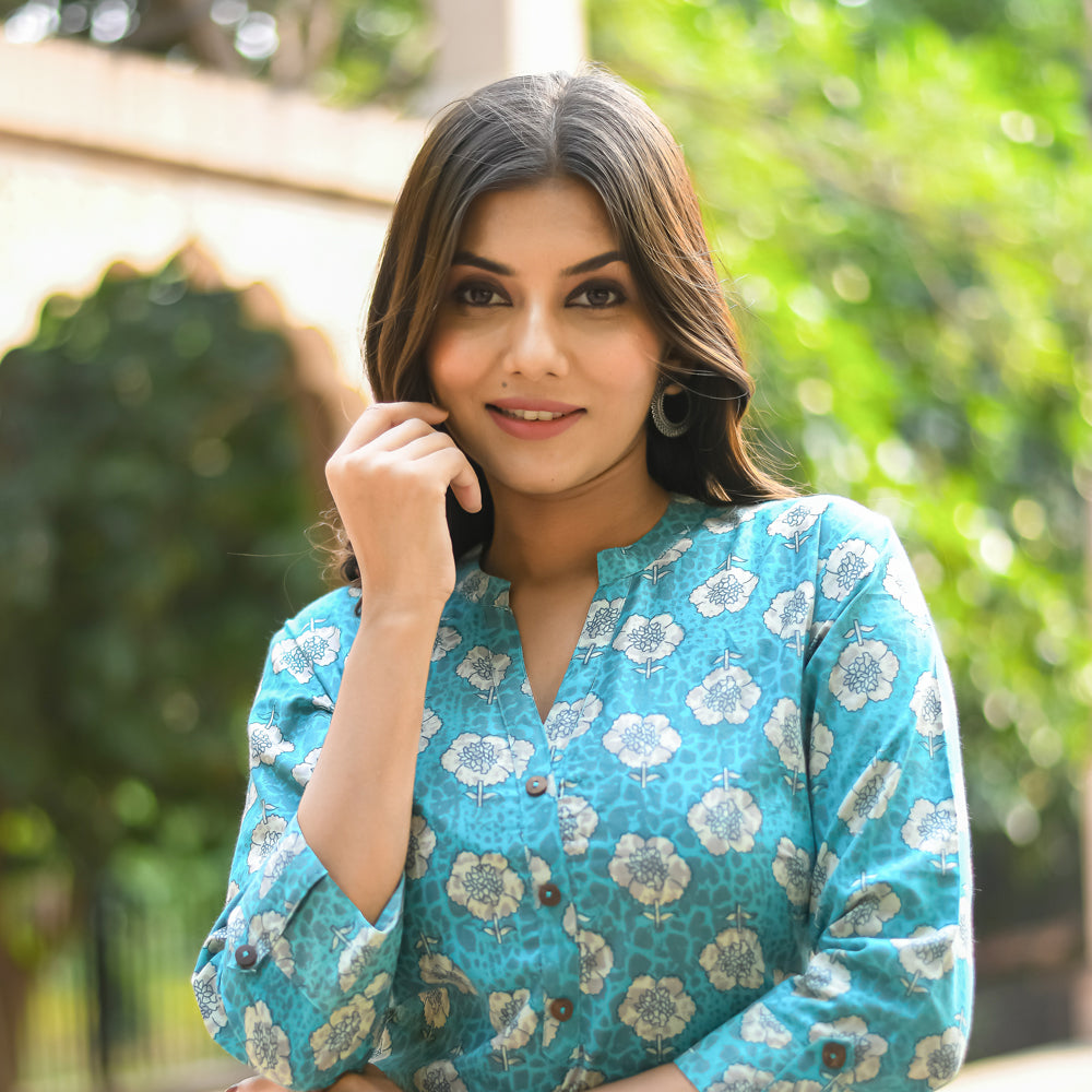 Turqoise Floral Print Straight Cut kurta