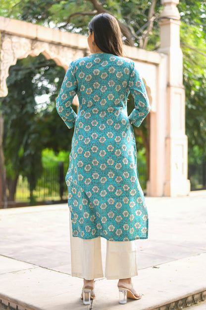 Turqoise Motif Printed Straight Kurta with Pocket