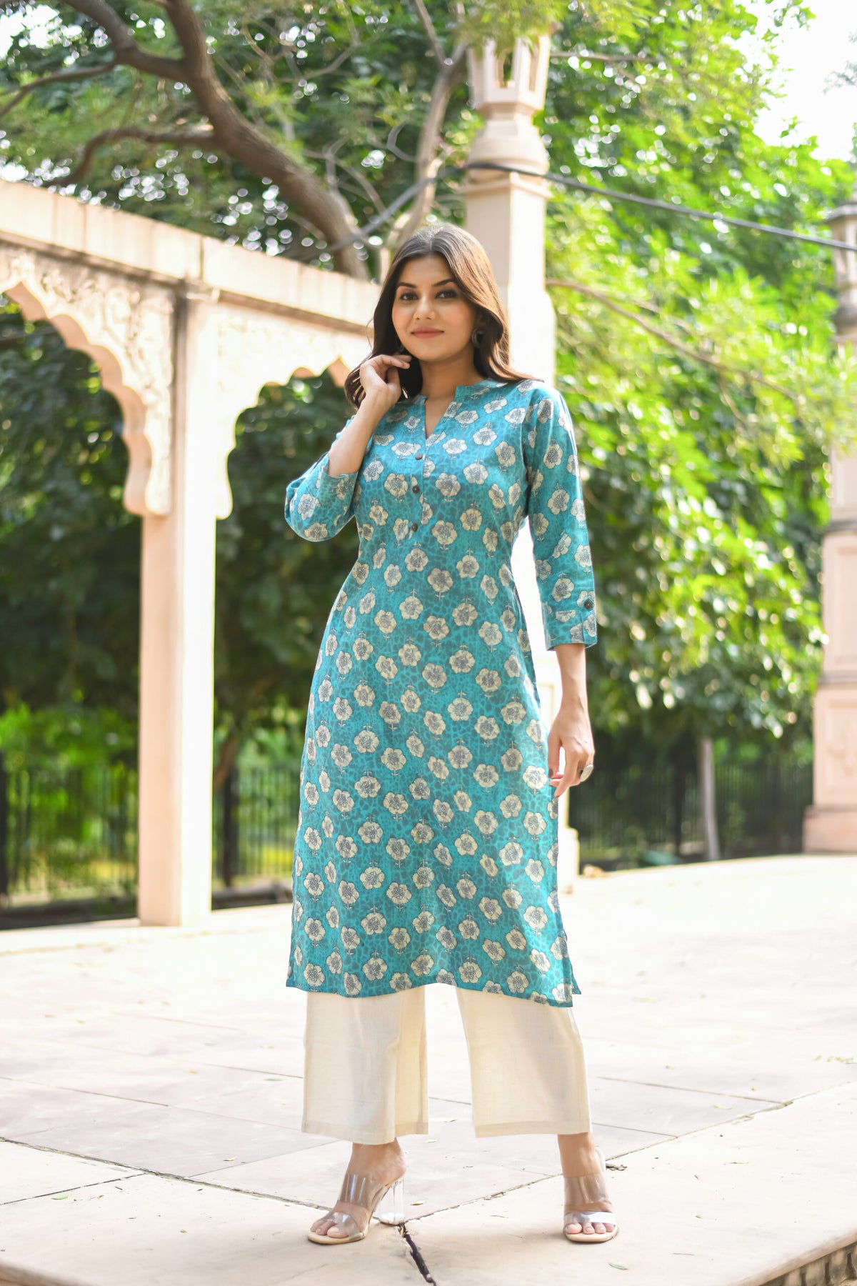 Turqoise Floral Print Straight Cut kurta