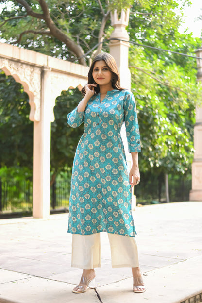 Turqoise Motif Printed Straight Kurta with Pocket