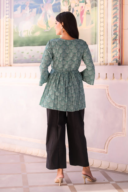 White and Pastel Green Ajrakh print Tunic