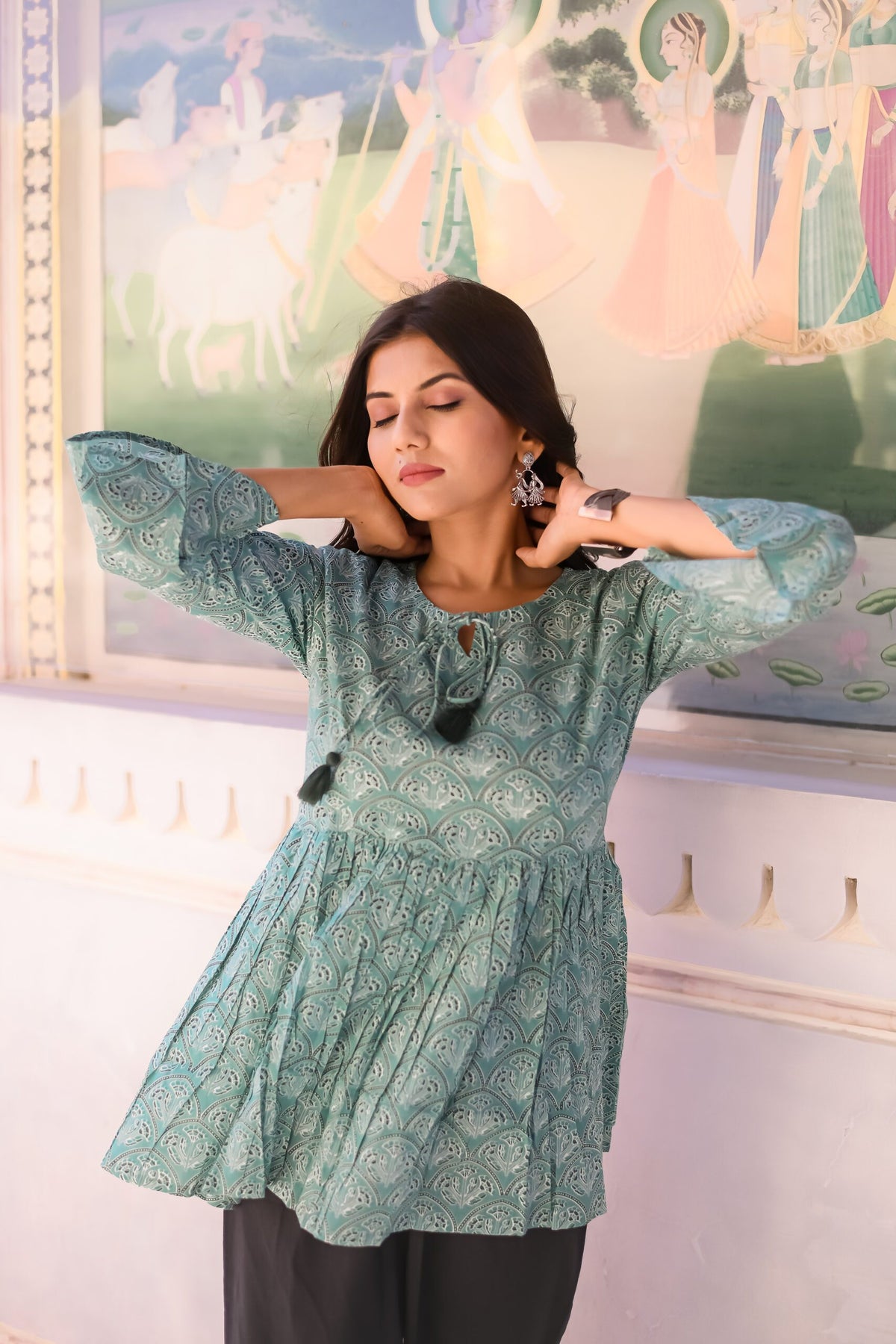 White and Pastel Green Ajrakh print Peplum Top