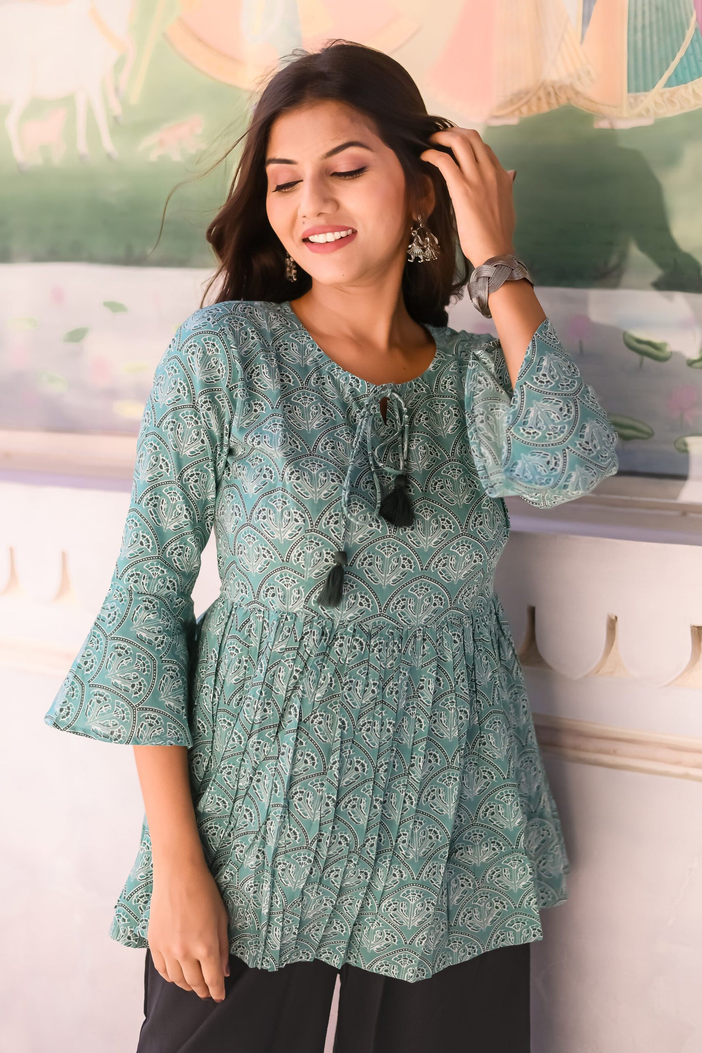 White and Pastel Green Ajrakh print Tunic