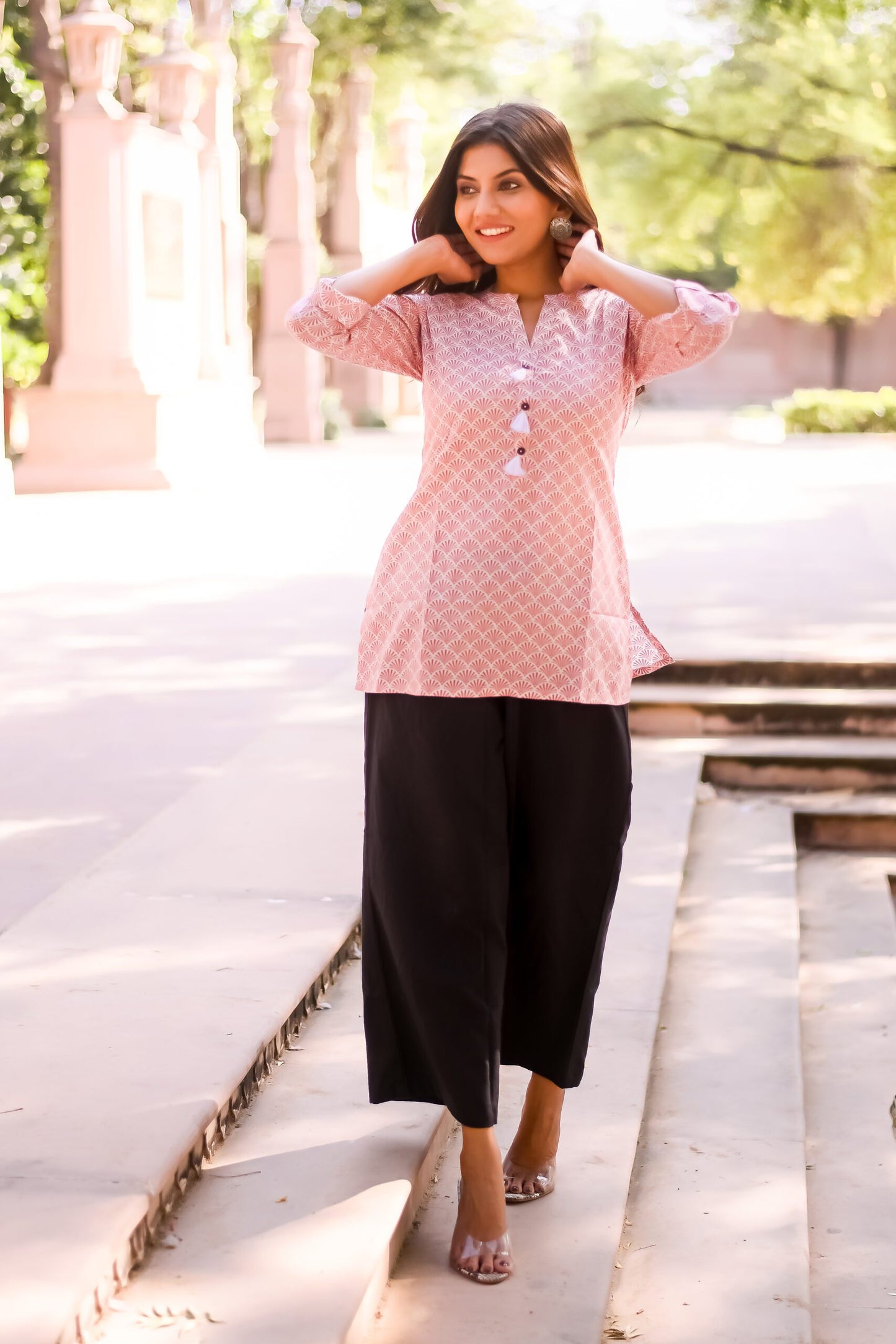 White and Mauve Motif print Tunic with Tassels