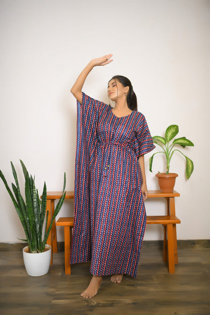 Navy Blue Ajrakh Printed Long Kaftan