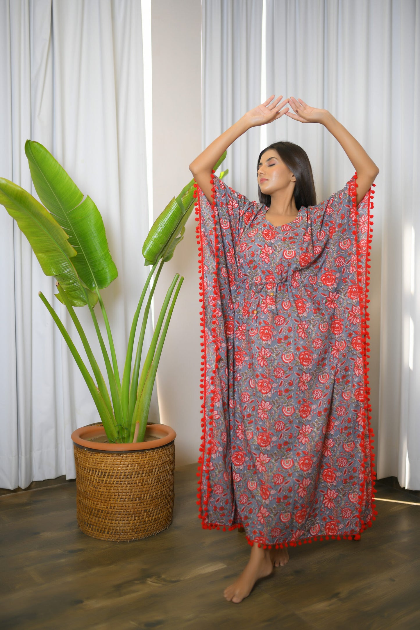 Grey Froral Printed Long Kaftan with Red Pom Pom Lace