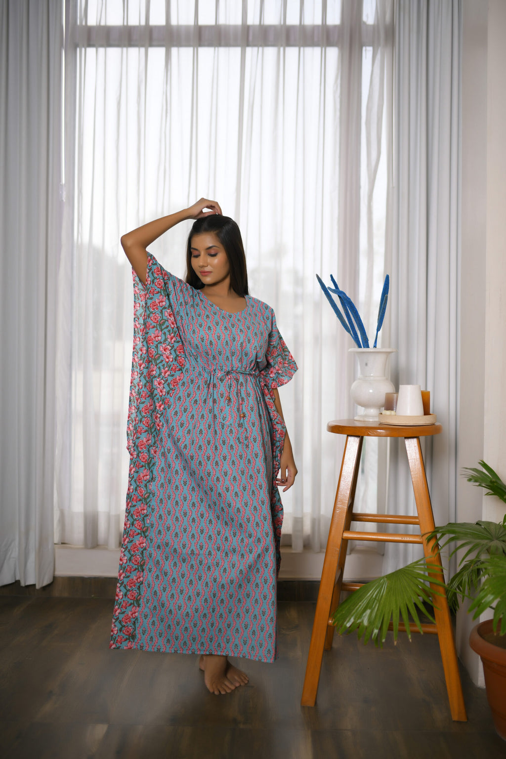 Sea Green Vine & Floral Printed Mix & Match Long Kaftan