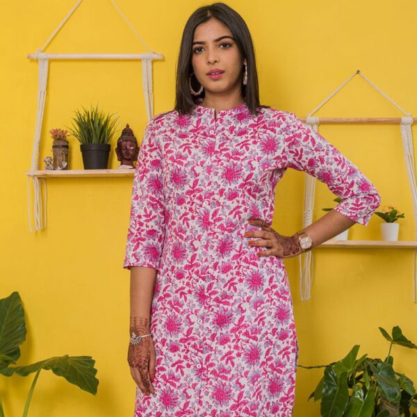 White-And-Pink-floral-Print-Kurti-with-Pocket