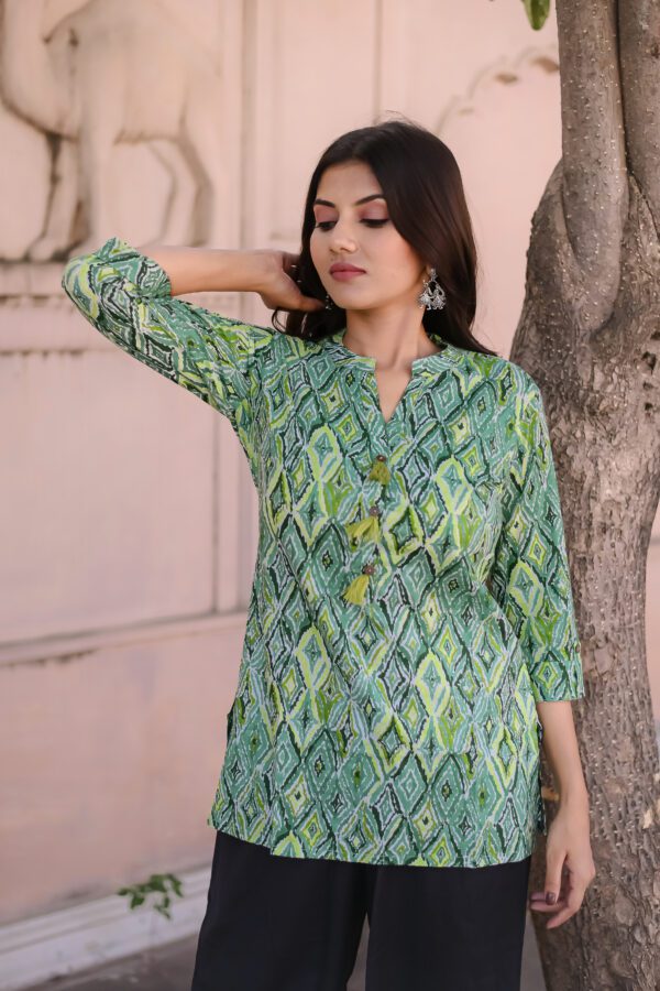 parrot green cotton printed tunics for women